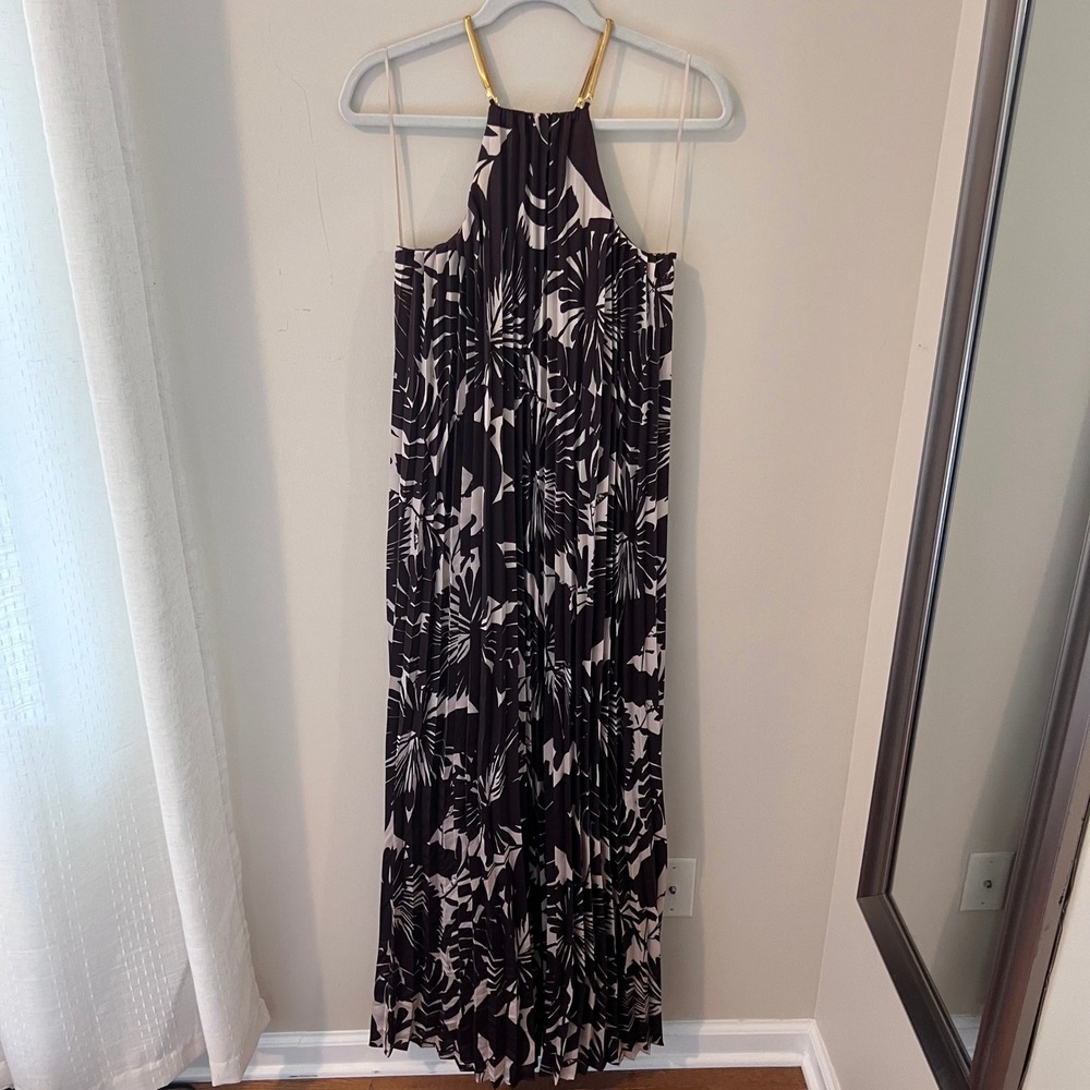 Trina Turk Maxi Dress Halter Pleated Palm‎ Print Gold Detail Size S